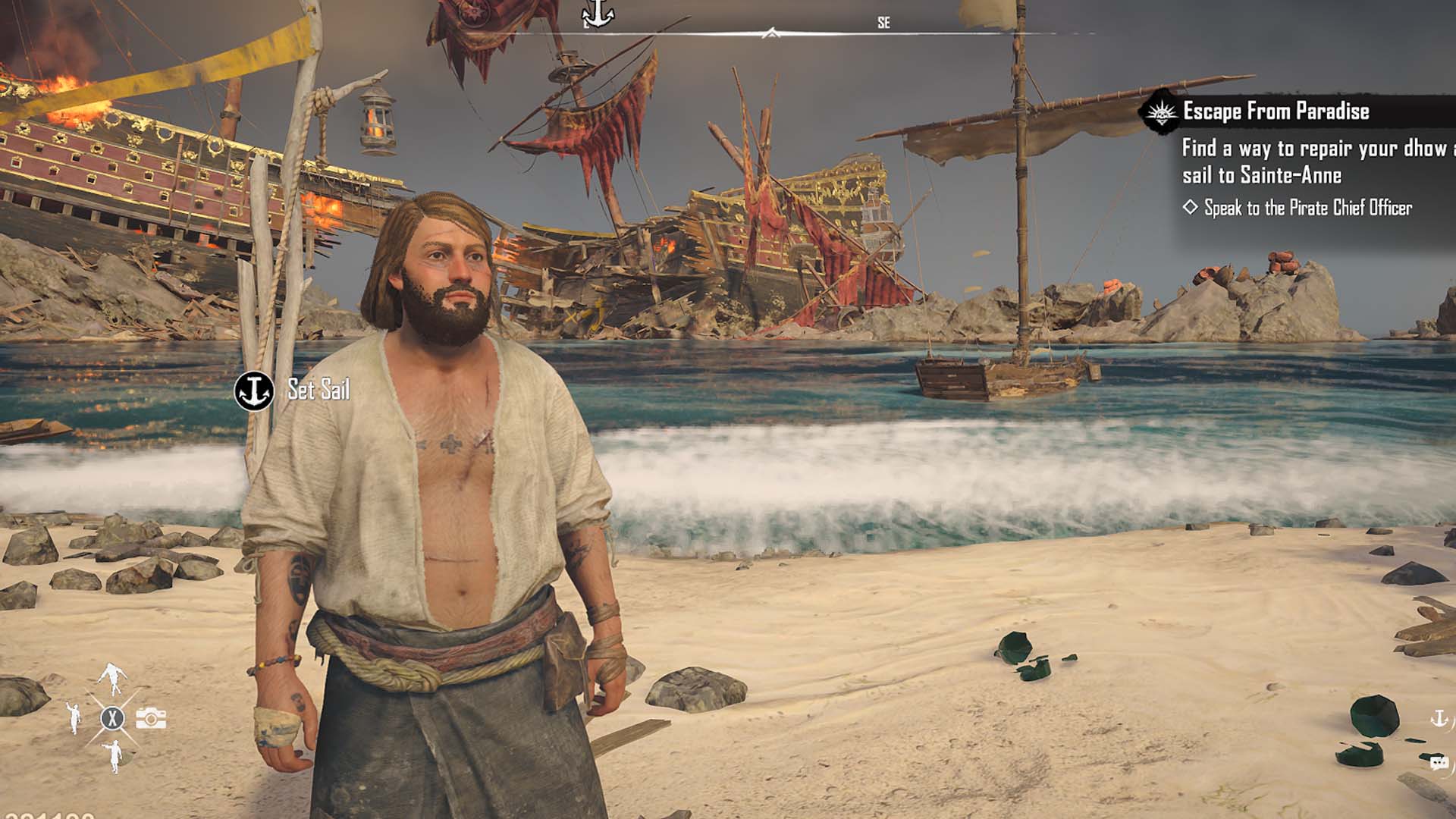 A screenshot shows a man standing on a beach near a shipwreck. 